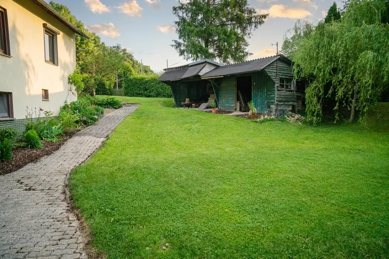 Garten mit Gartenschuppen im Abendlicht