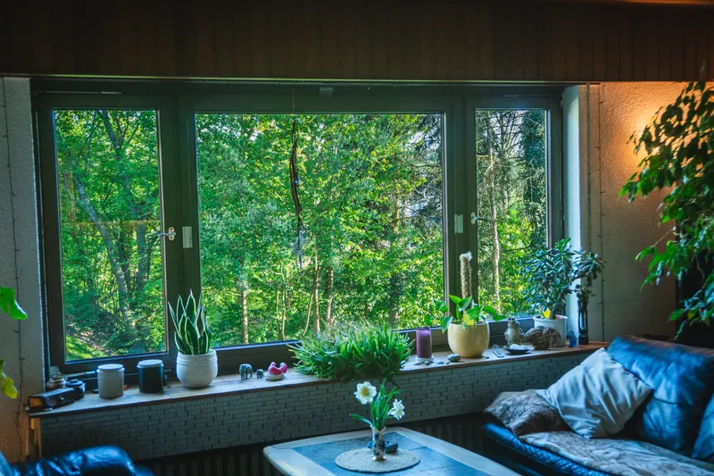 Wohnzimmer-Fenster mit Blick in den Garten